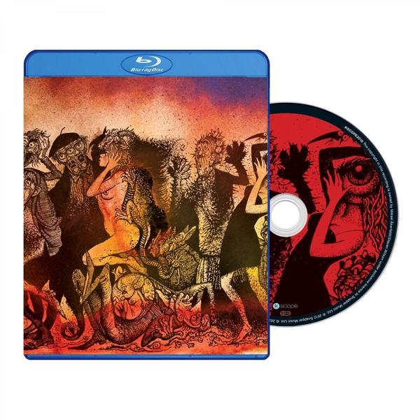 Eine Blu-ray-Hülle und -Disc mit einer surrealen, künstlerischen Illustration von Figuren in Rot- und Orangetönen.