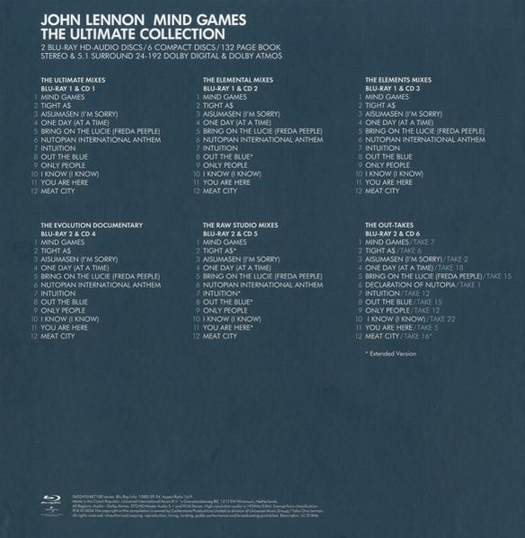 John Lennons Mind Games Albumcover, mit Titellisten von Blu-ray und CDs und Dolby Atmos Logo.