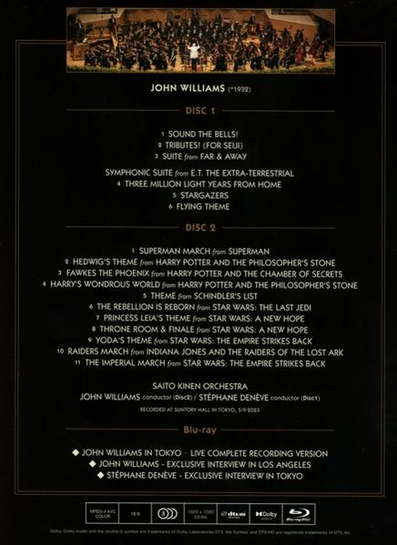 John Williams CD-Cover. Orchester im Hintergrund, Titellisten und Blu-ray-Details im Vordergrund.