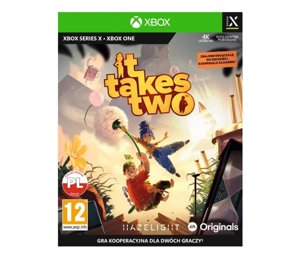 Okładka gry 'It Takes Two'. Dwie postaci z kreskówek grają, a okładka jest przeznaczona dla konsoli Xbox Series X.