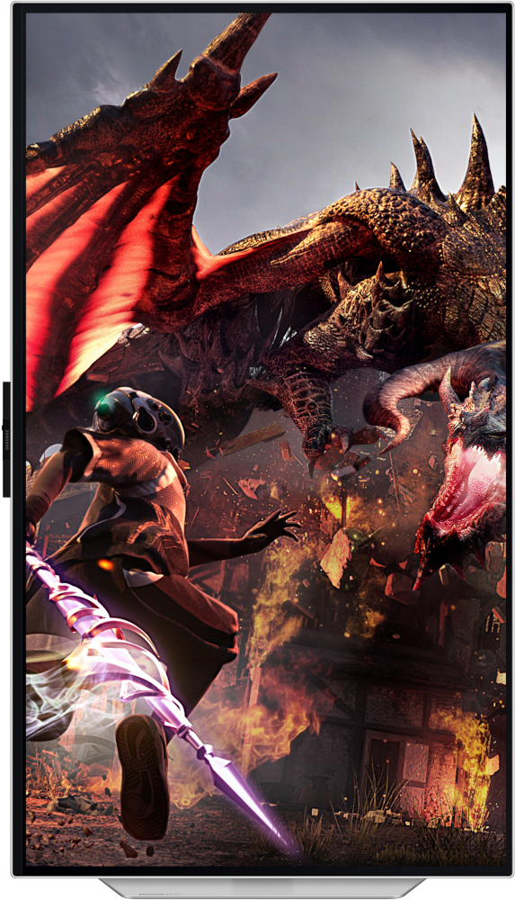Un moniteur affiche une scène de jeu vidéo. Un guerrier combat un dragon avec une lance dans un environnement enflammé.