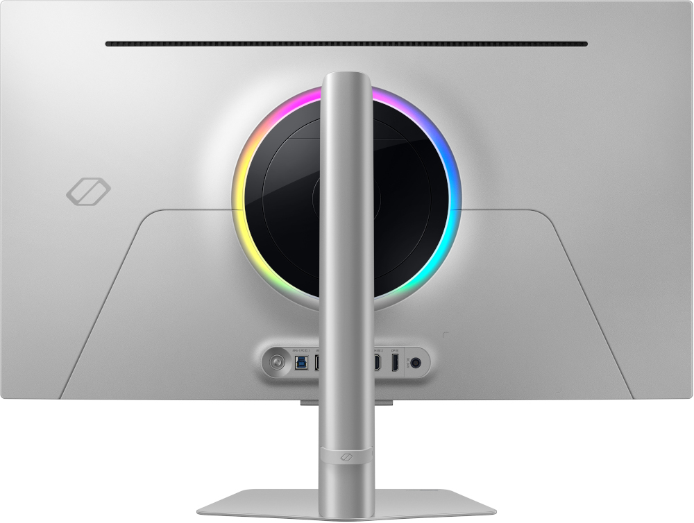 Arrière d'un moniteur blanc avec un anneau lumineux coloré, des ports et un support.