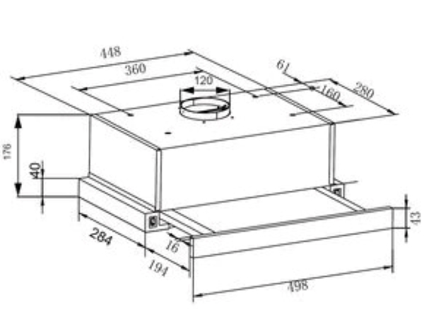 Rysunek techniczny prostokątnego okapu. Wymiary i pomiary są opisane.