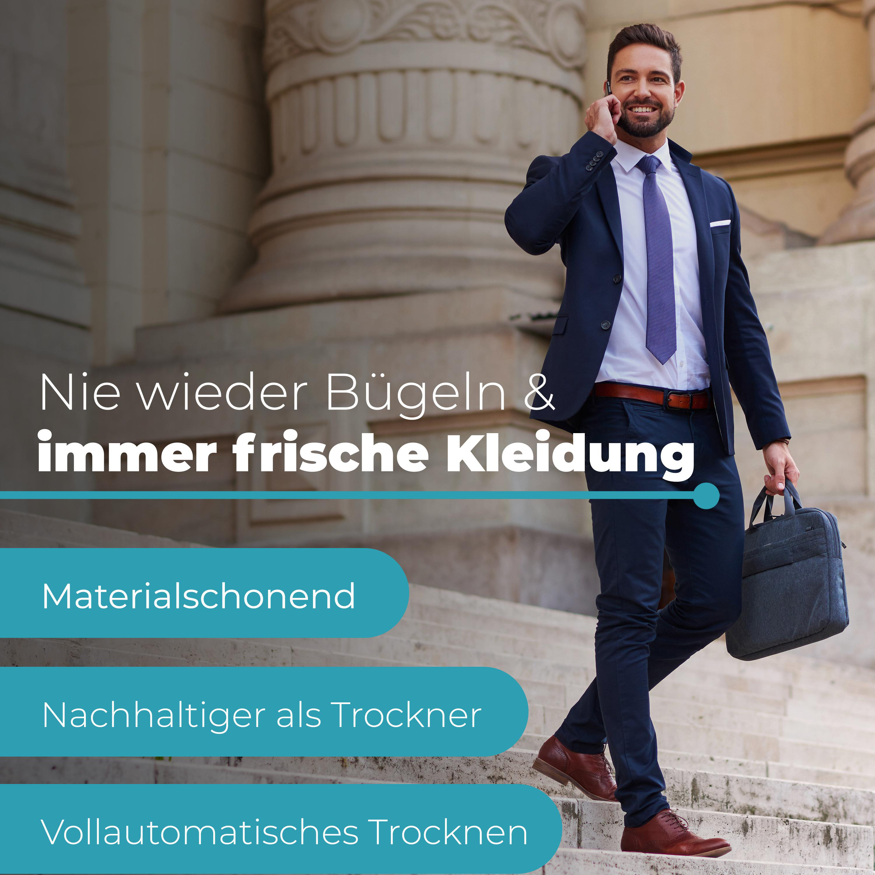 Mann im Anzug geht Treppe runter, telefoniert. Text über Kleidungspflege.