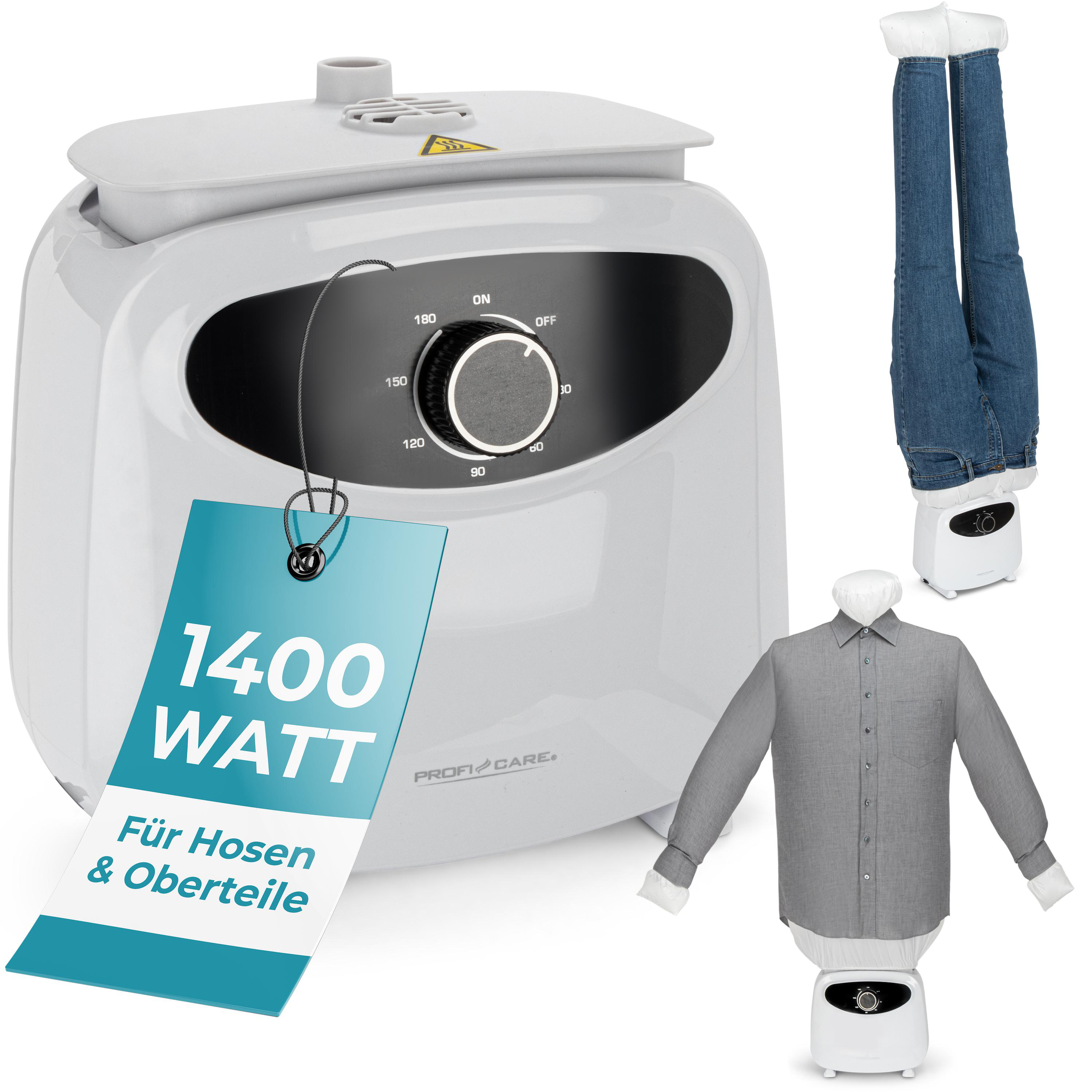 Weißer Kleidungsdämpfer, Etikett mit 1400 Watt, mit Jeans und Hemd an der Seite.