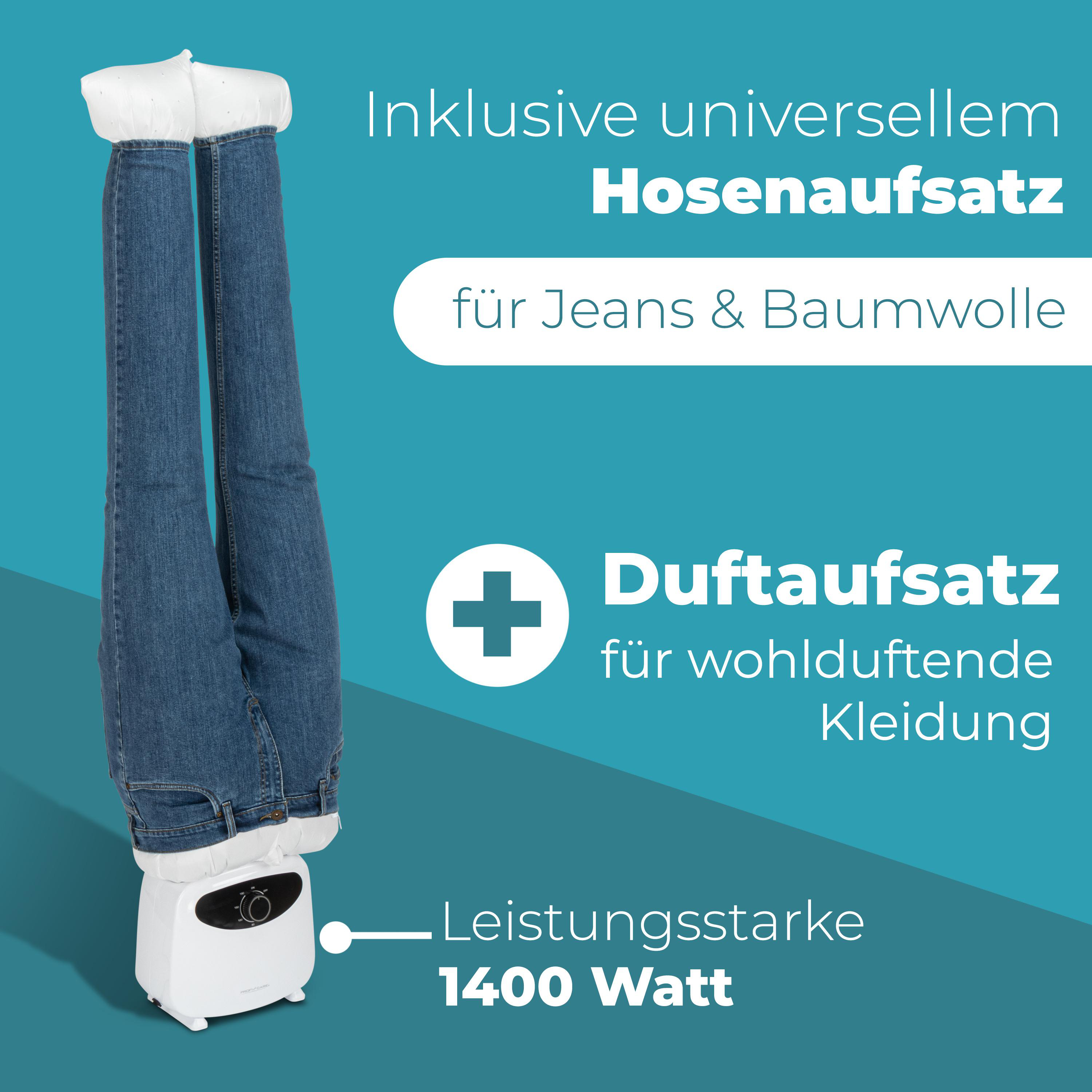 Weißer Kleidungs-Trockner mit kopfüber hängenden Jeans, mit Textüberlagerung.