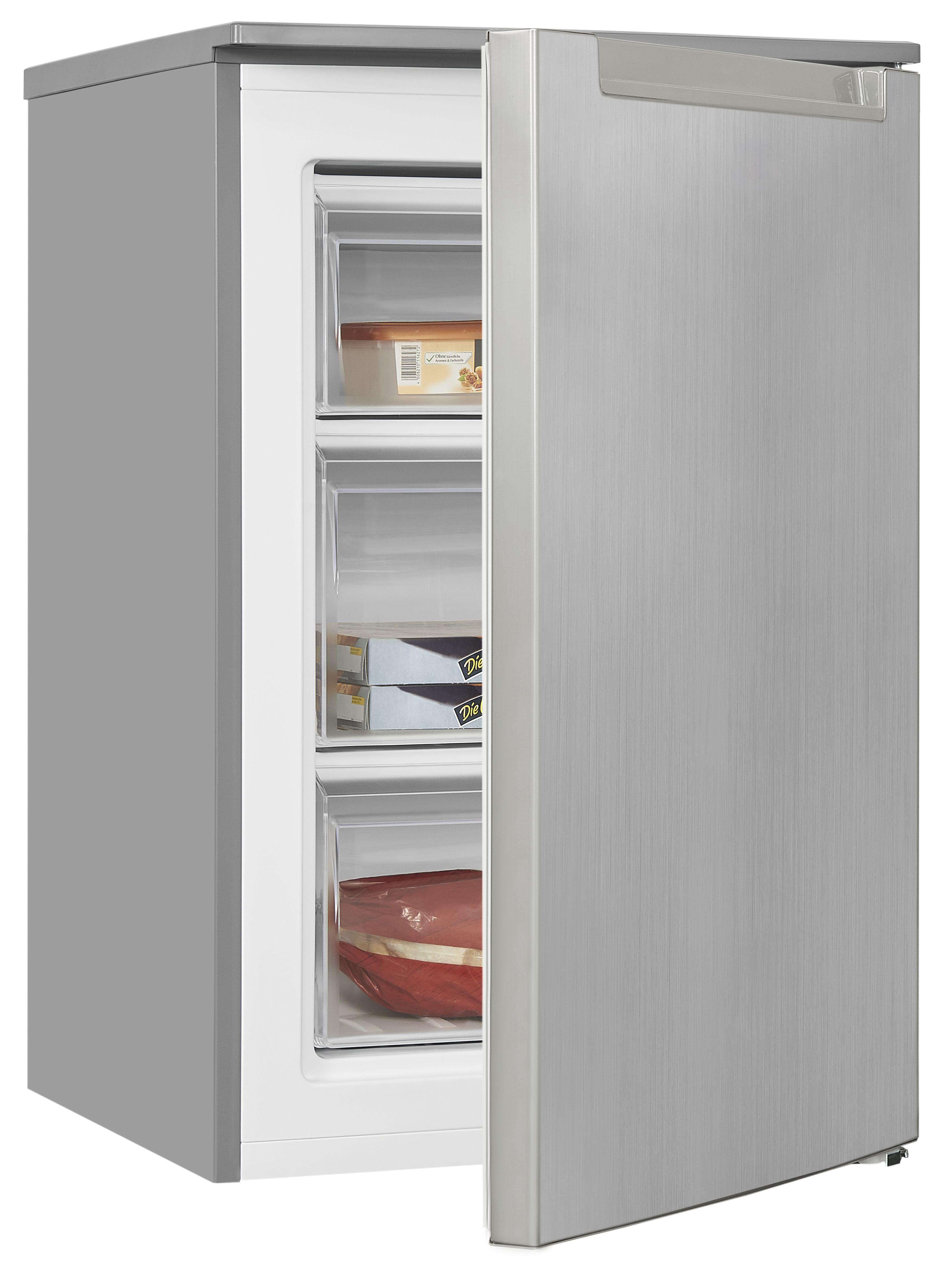 Silberner Gefrierschrank mit offener Tür, der Regale mit Lebensmitteln zeigt.