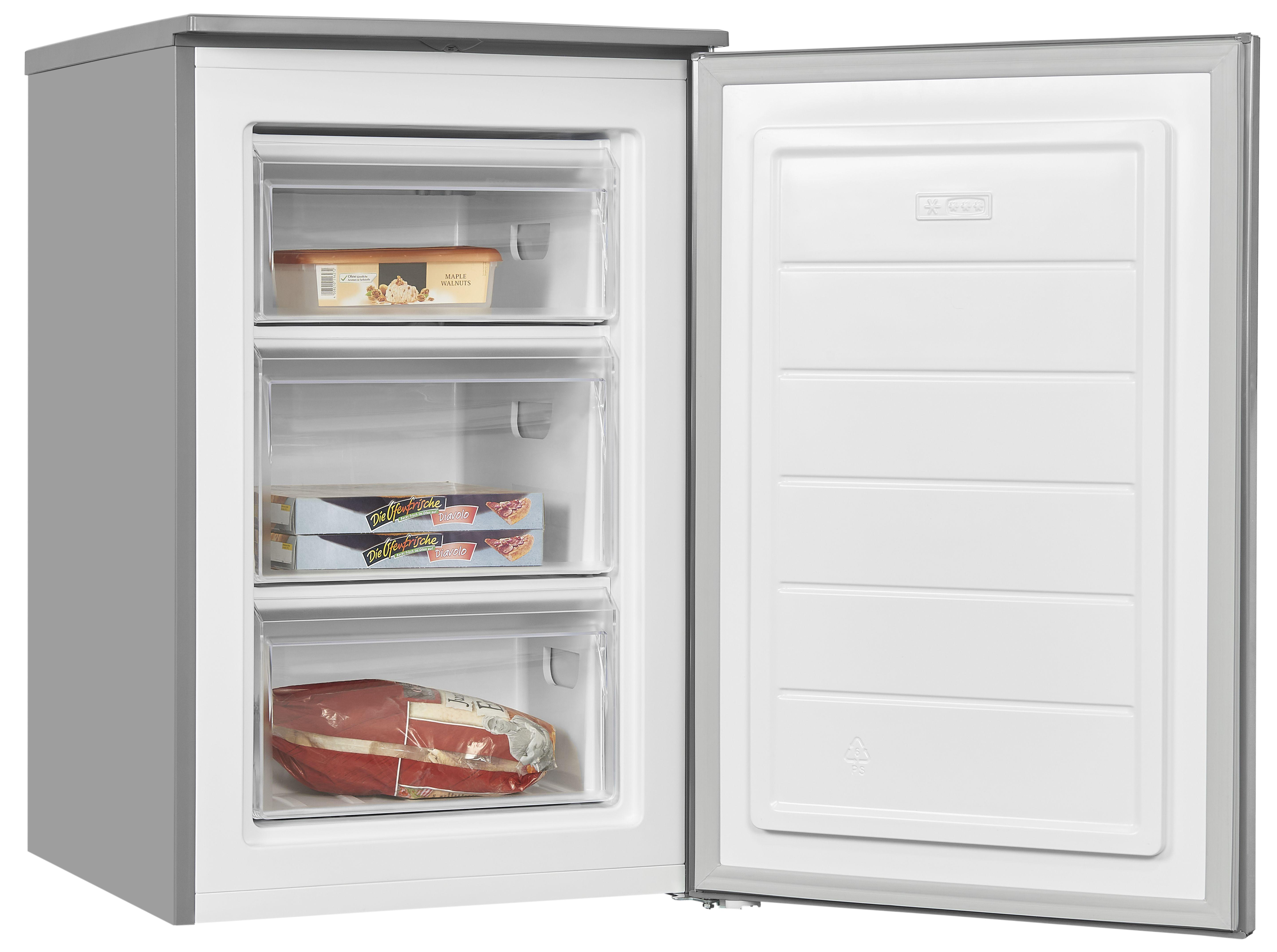 Offener silberner Kühlschrank mit drei transparenten Schubladen mit Lebensmitteln.