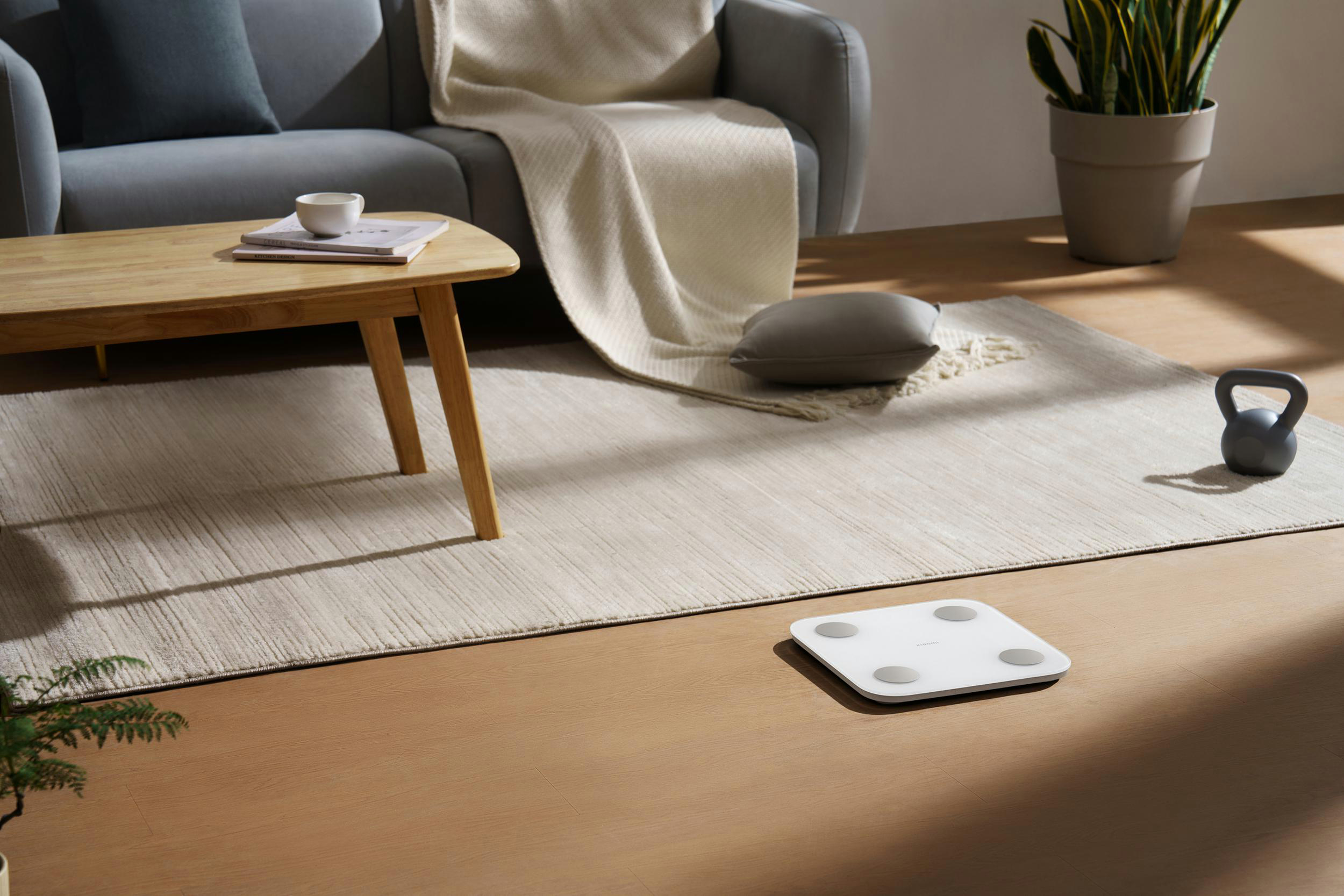 Eine weiße Waage auf einem Holzboden neben einem grauen Sofa, einem Teppich und einer Kugelhantel.