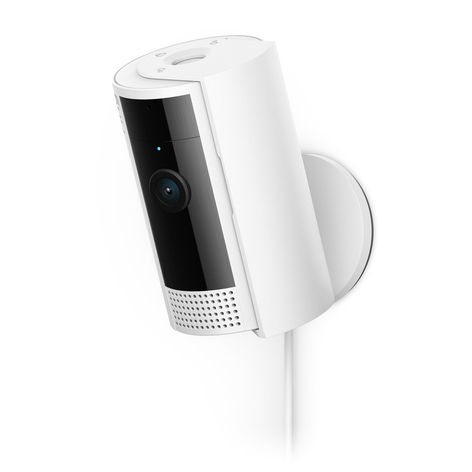Una telecamera di sicurezza Ring bianca montata su un muro bianco.
