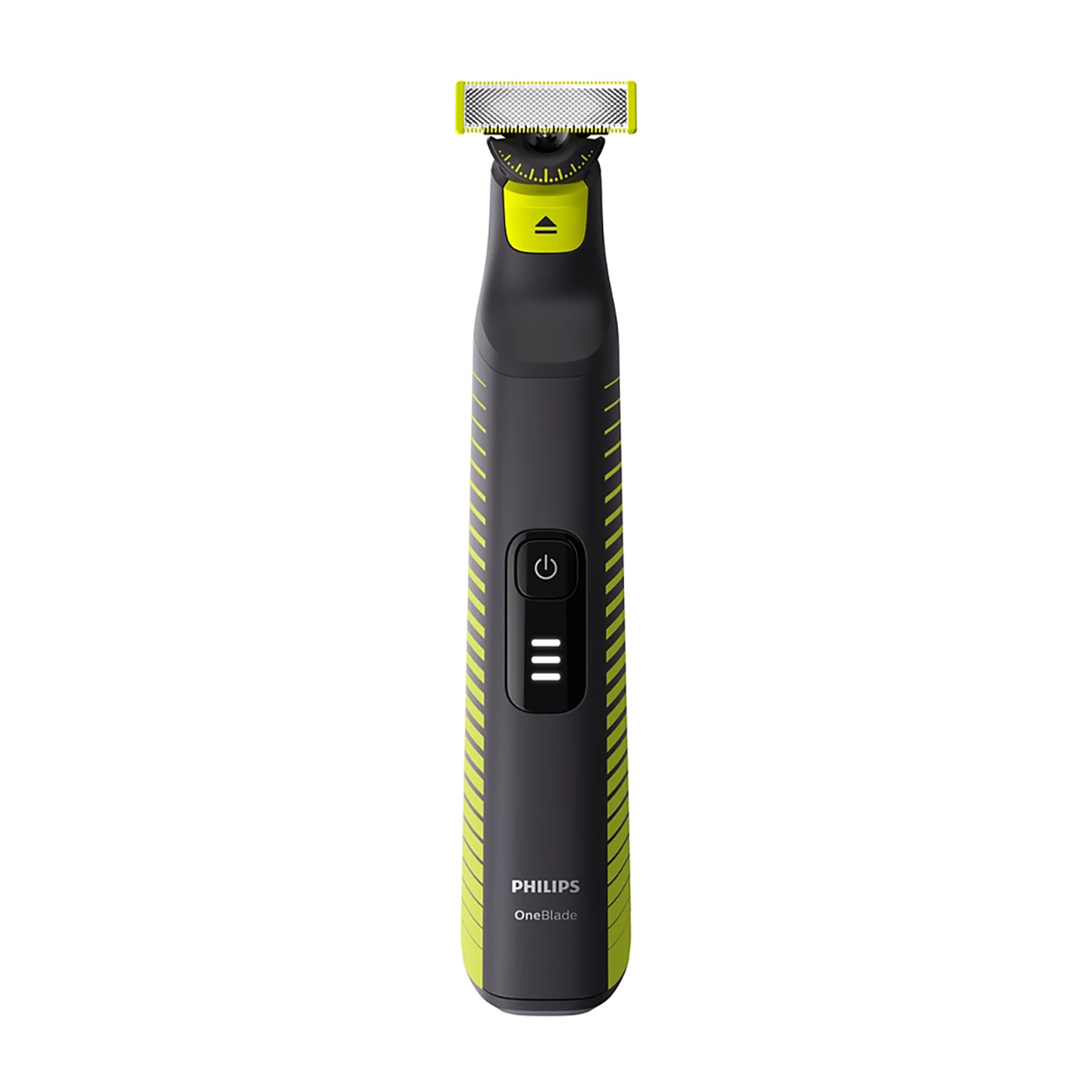 Rasoio elettrico Philips OneBlade. Nero e giallo, con pulsante di accensione e lama.