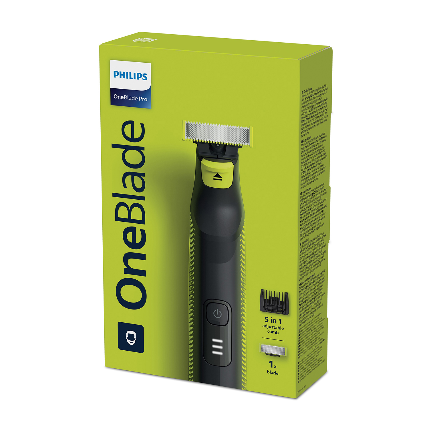 Scatola e rifinitore Philips OneBlade Pro. Design verde e nero con le caratteristiche del rifinitore.