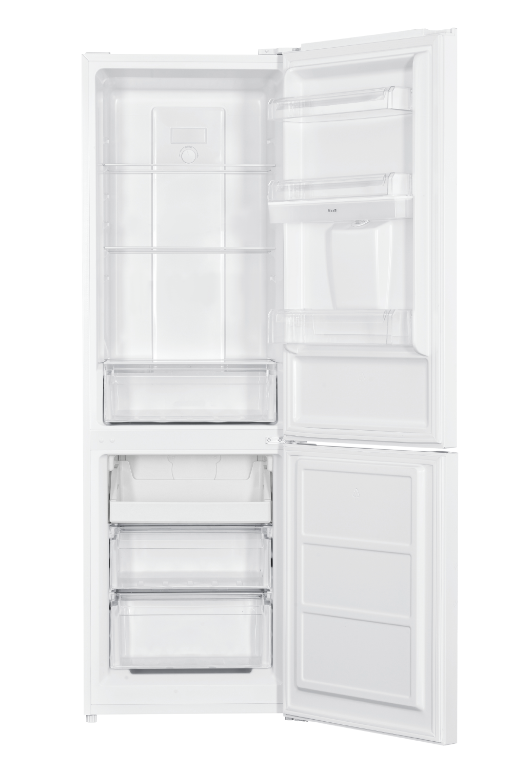 Refrigerador blanco con las puertas abiertas. Interior con estantes, cajones y compartimentos.