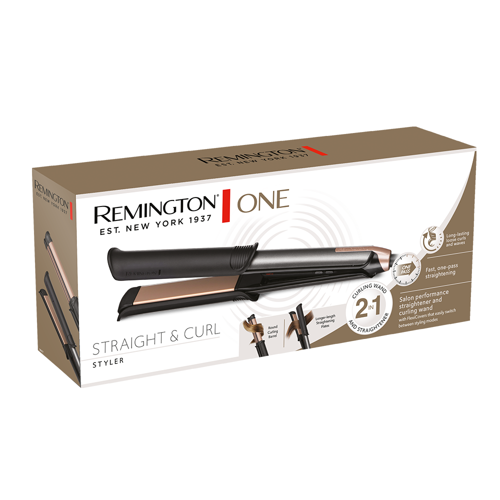 Remington One Straight & Curl şekillendirici kutusu, şekillendiriciyi ve eklerini gösteriyor, kahverengi ve altın tasarımı.