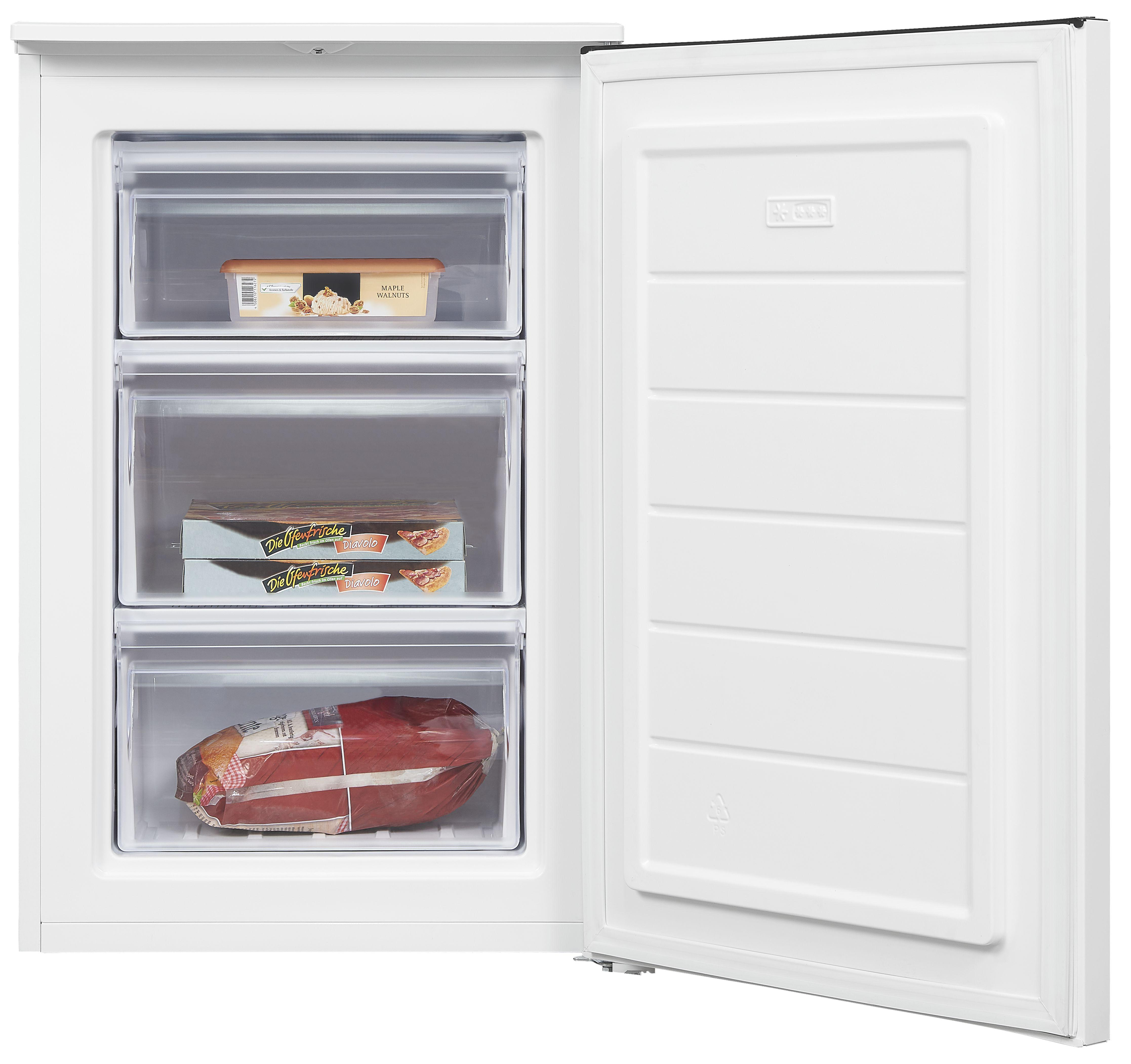 Weißer Gefrierschrank mit offener Tür. Schubladen mit Lebensmitteln sind sichtbar.
