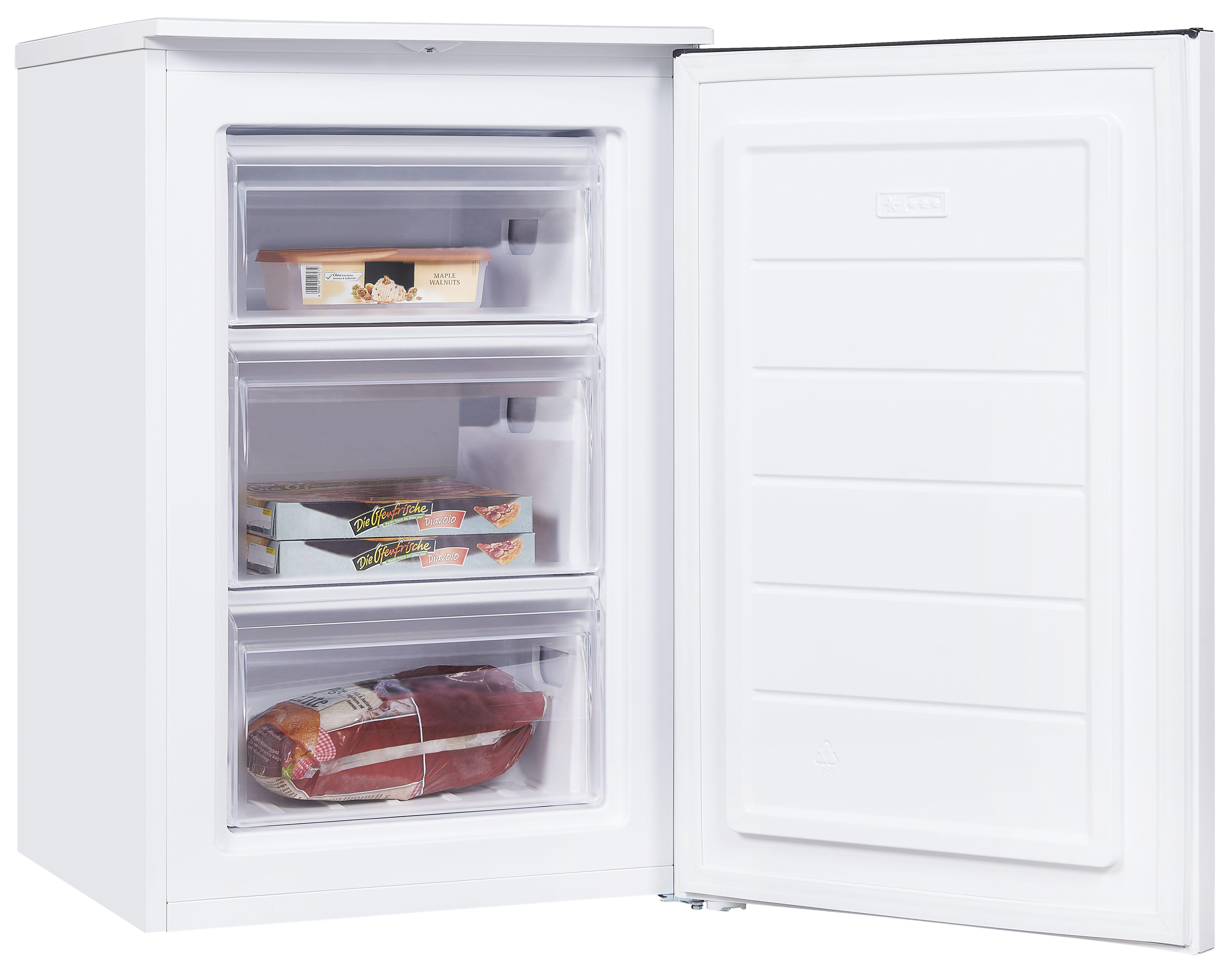 Weißer Stand-Gefrierschrank mit offener Tür. Drei transparente Schubladen sind sichtbar.