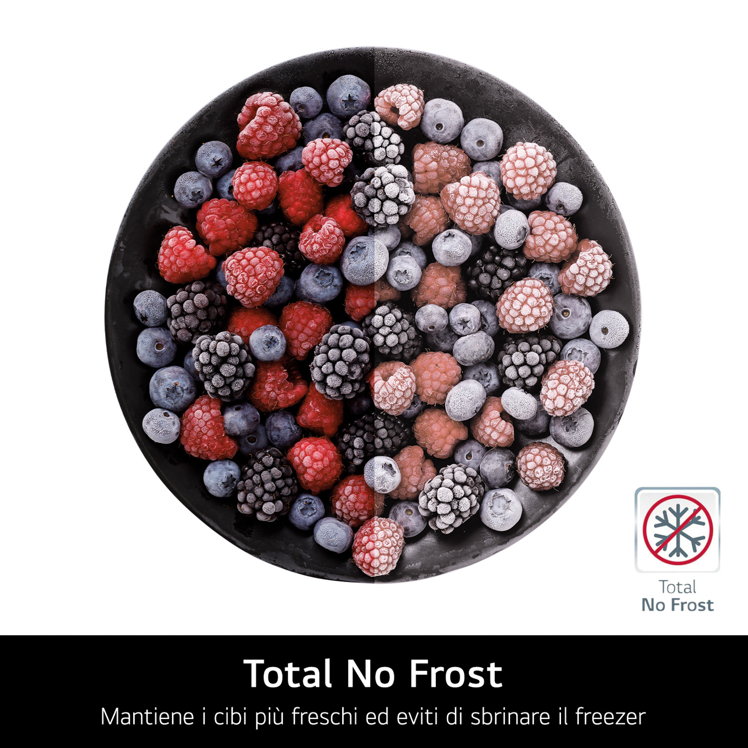 Ciotola di frutti di bosco congelati: mirtilli, lamponi e more. Testo in basso.