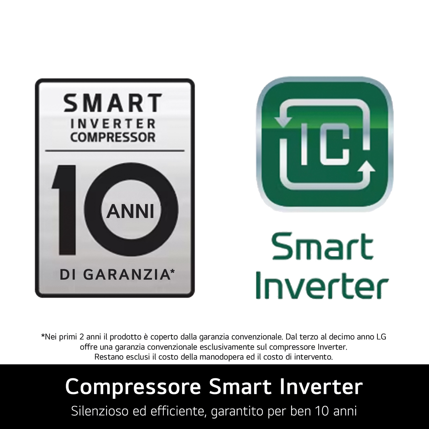 Due loghi: uno con '10 ANNI DI GARANZIA', l'altro 'Smart Inverter'. Il testo descrive la garanzia.