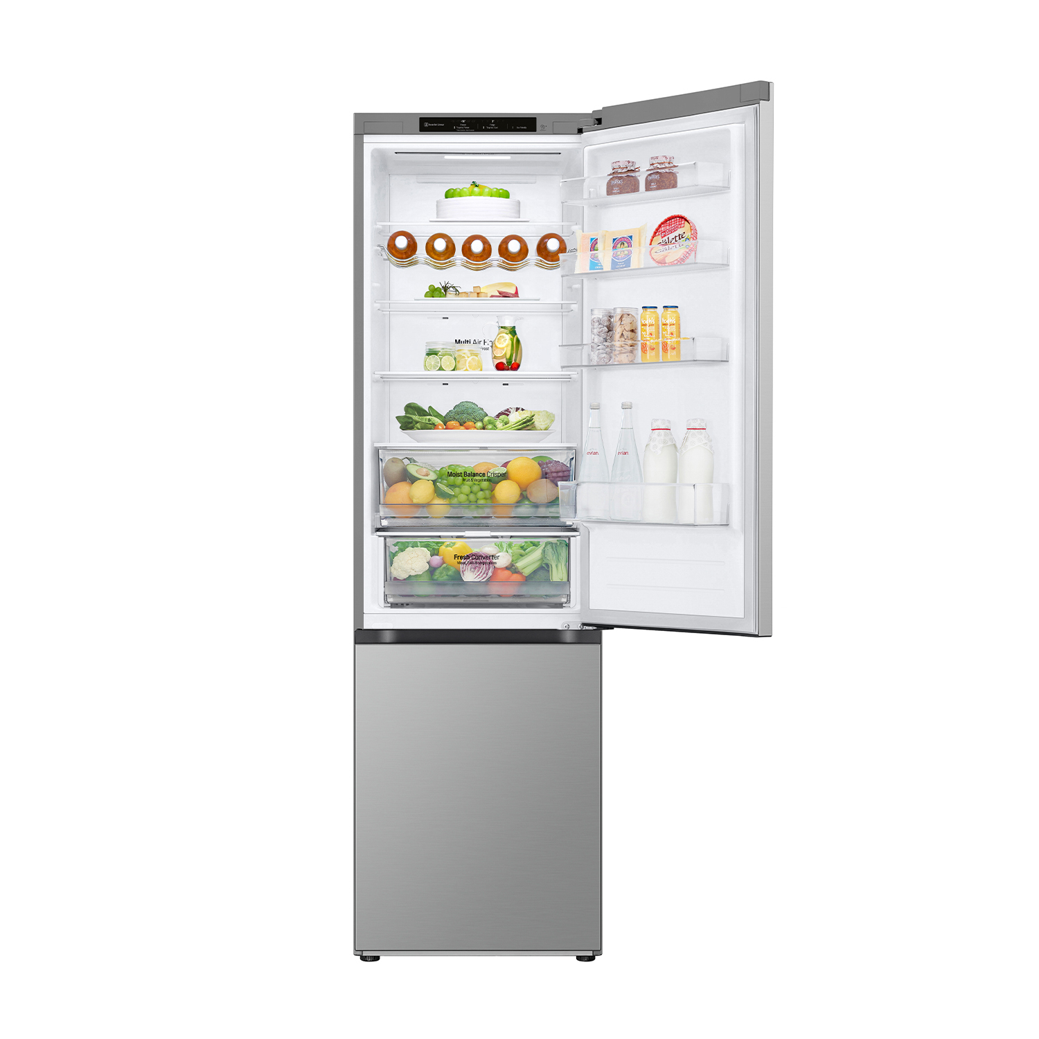 Frigorifero LG con porta aperta, che mostra alimenti all'interno.