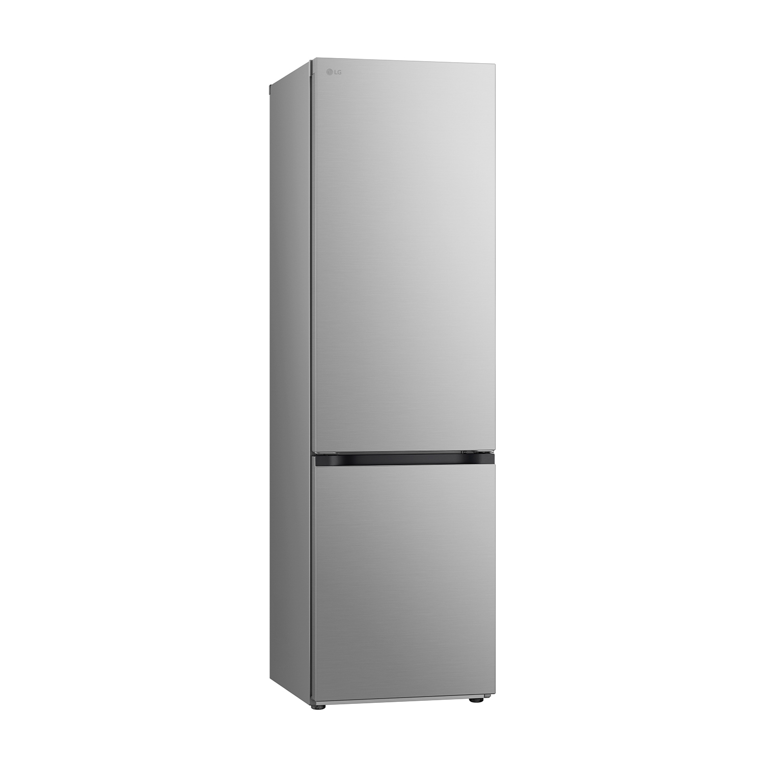 Un frigorifero LG argentato con maniglia nera. È un frigorifero a due porte, in posizione verticale.