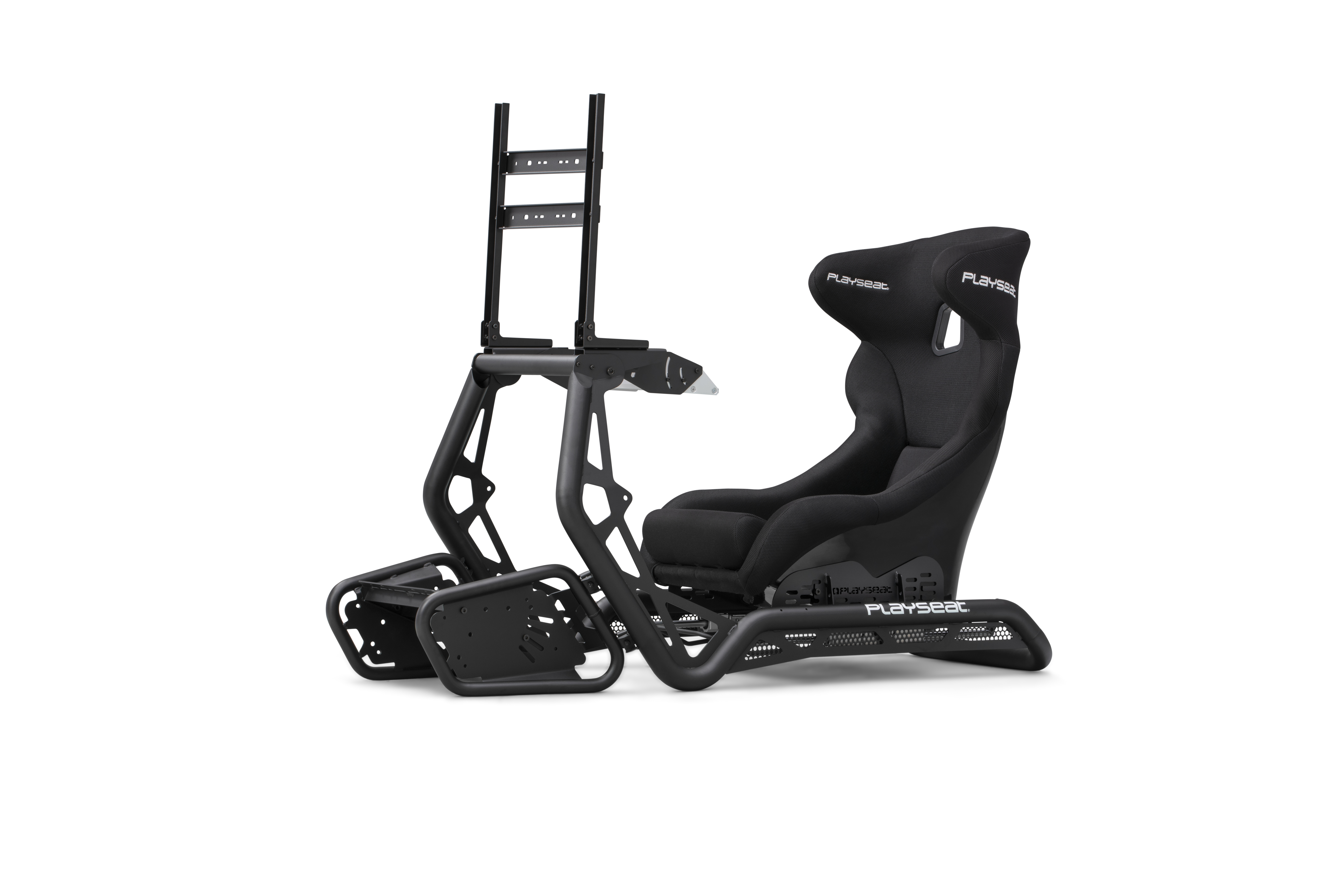 Schwarzer Playseat-Gaming-Stuhl und -Rahmen. Rennsimulator mit Sitz und Tragstruktur.