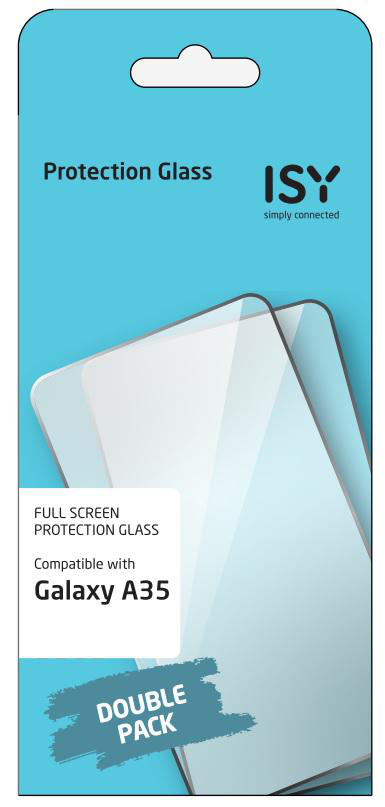 Eine Handy-Displayschutzfolien-Verpackung, blau mit Text, zeigt eine Schutzfolie.