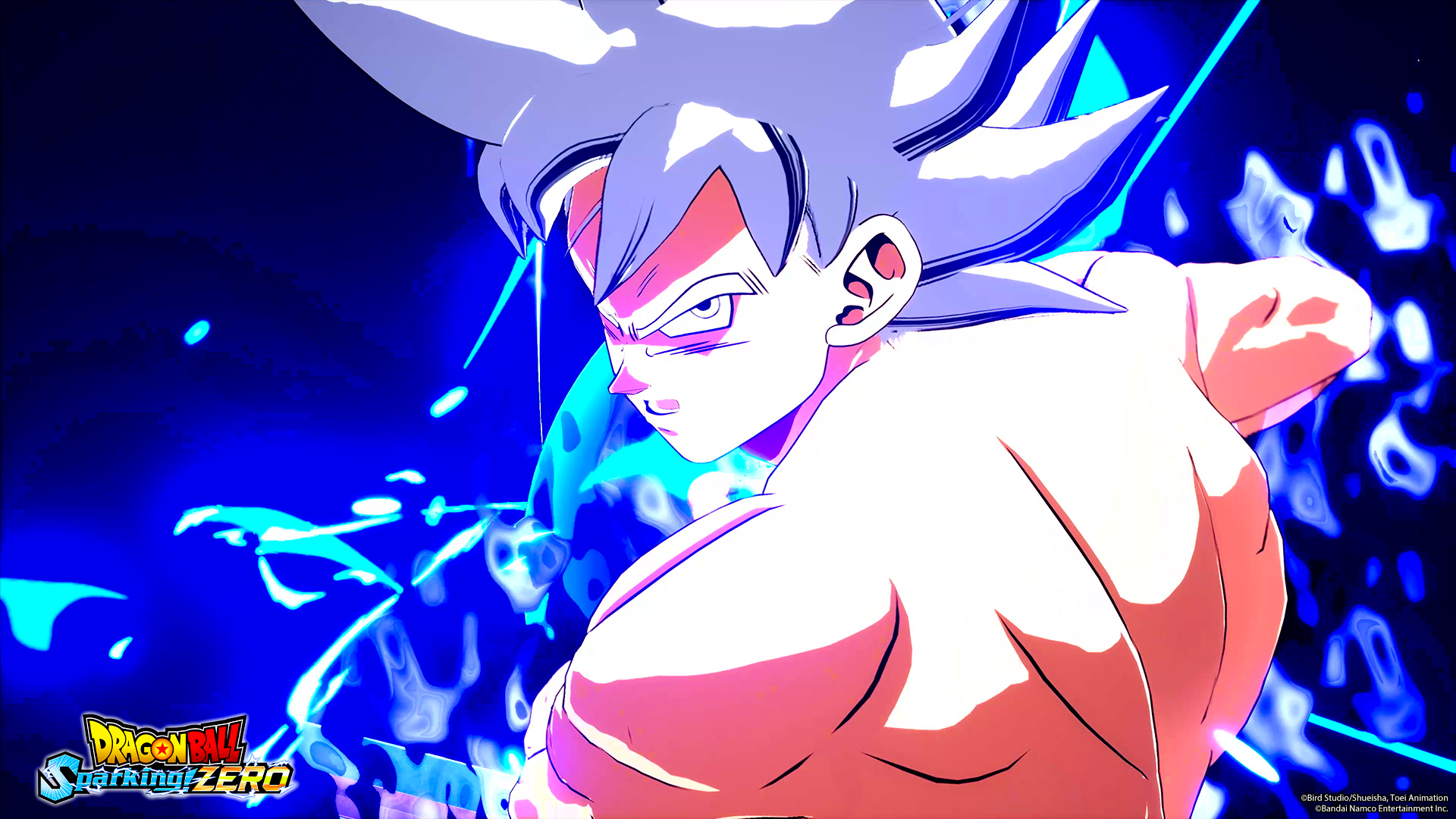 Postać z Dragon Ball Z, Goku, w formie Ultra Instynktu. Energetyczne niebieskie tło.