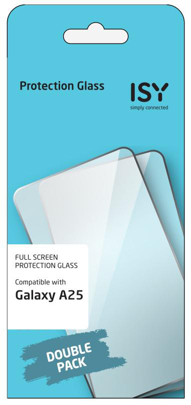 Blaue Verpackung für Displayschutzfolie. Text sagt 'Protection Glass' und 'Double Pack'.