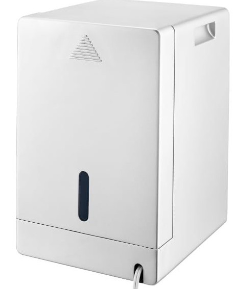 Biały, prostokątny oczyszczacz powietrza z ciemnoniebieskim otworem i przewodem.