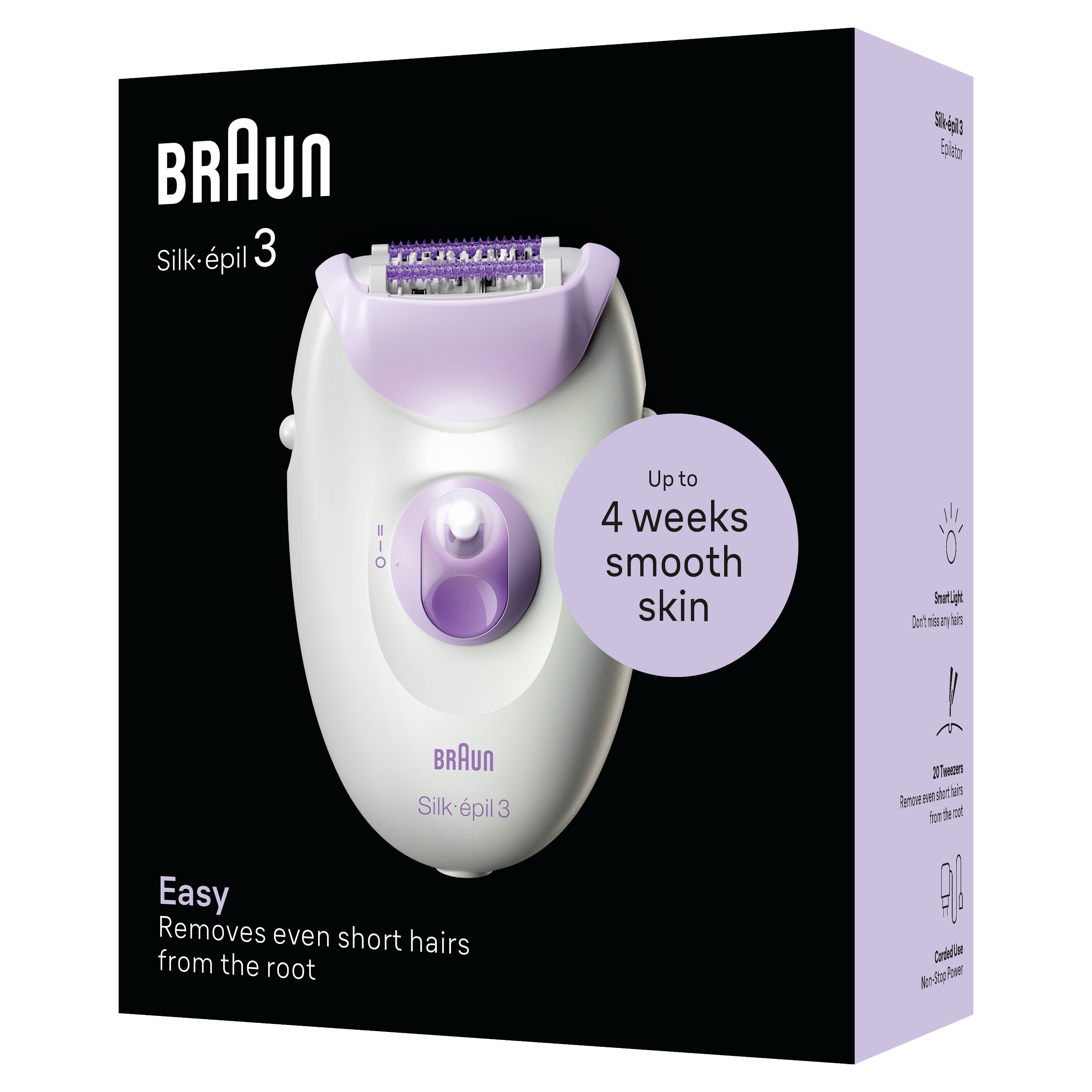 Beyaz ve mor Braun Silk-épil 3 epilatör kutusu ve tüy alma hakkında metin.