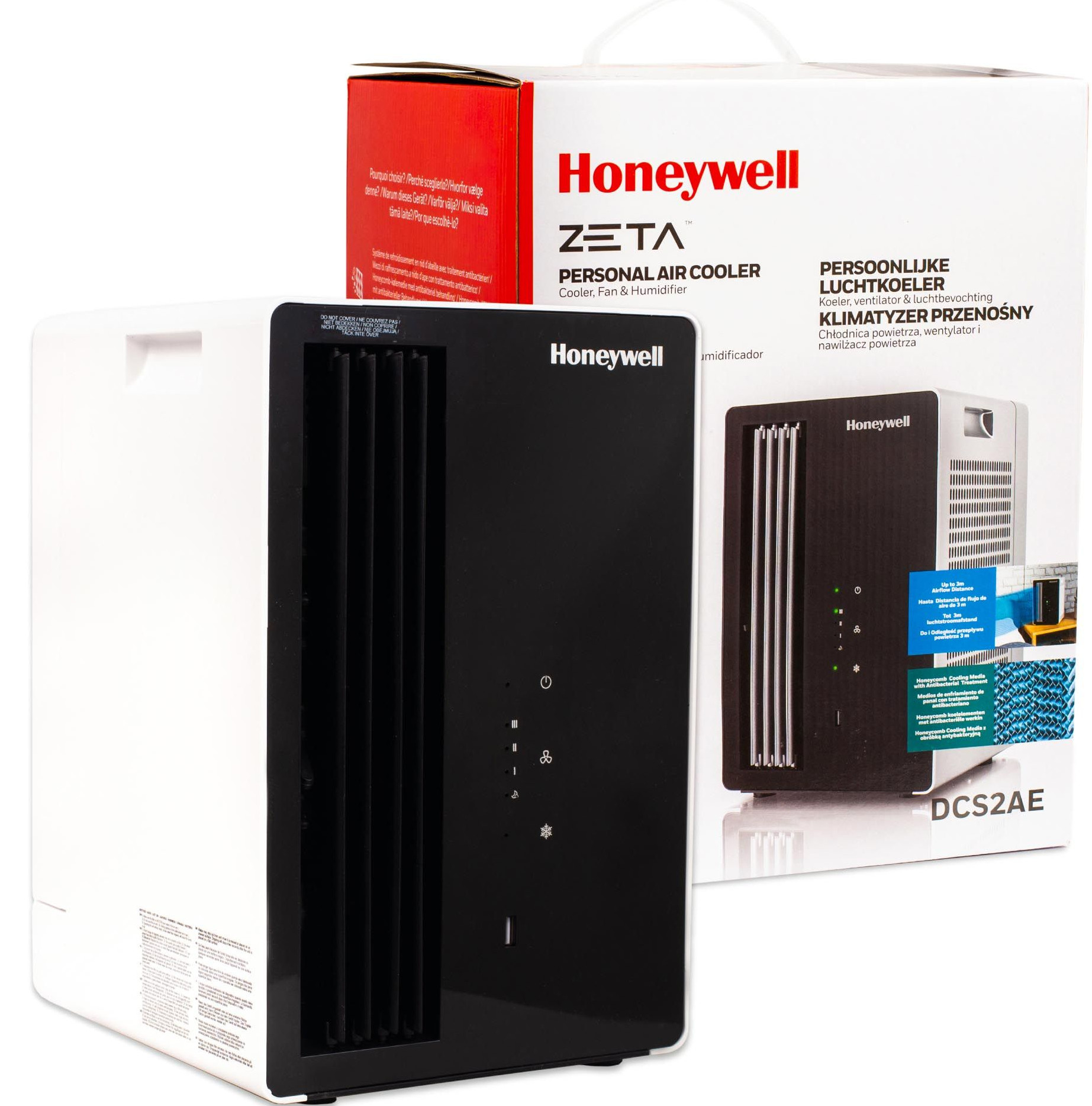 Osobisty klimatyzator Honeywell, czarno-biały, z pudełkiem w tle.