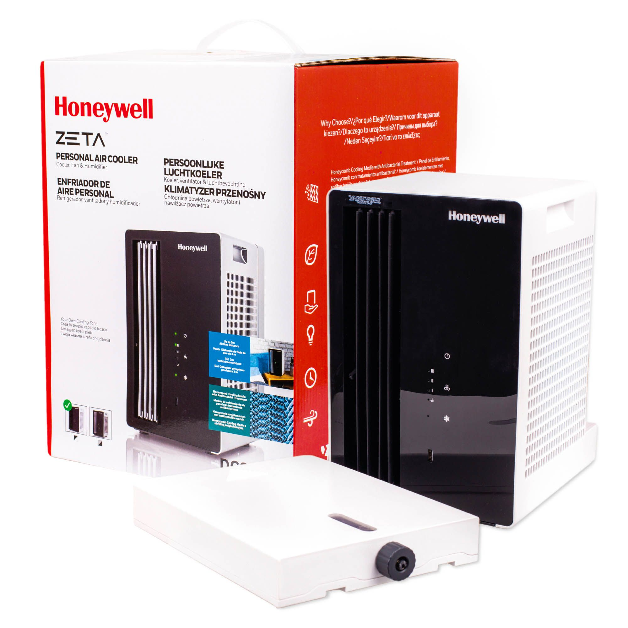 Klimatyzator powietrza Honeywell i pudełko. Klimatyzator jest czarno-biały.