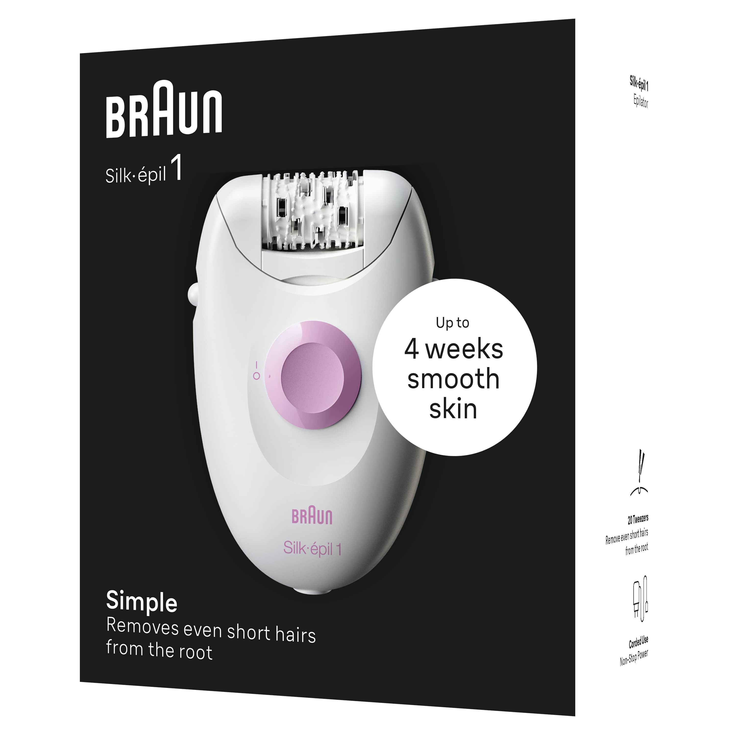 Braun Silk-épil 1 epilatör, beyaz ve pembe, metin ve grafiklerle.