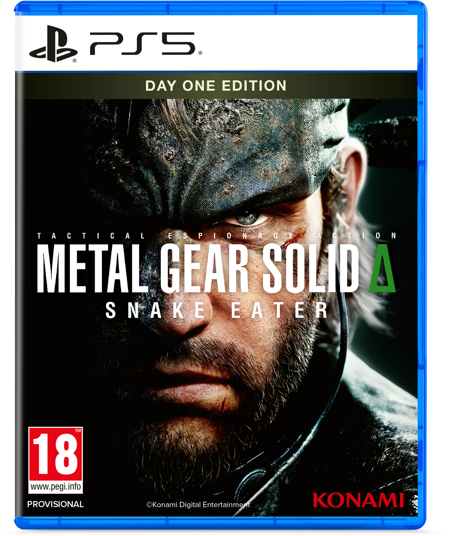 Okładka gry PS5 'Metal Gear Solid Δ: Snake Eater'. Przedstawia szczegółową twarz mężczyzny.