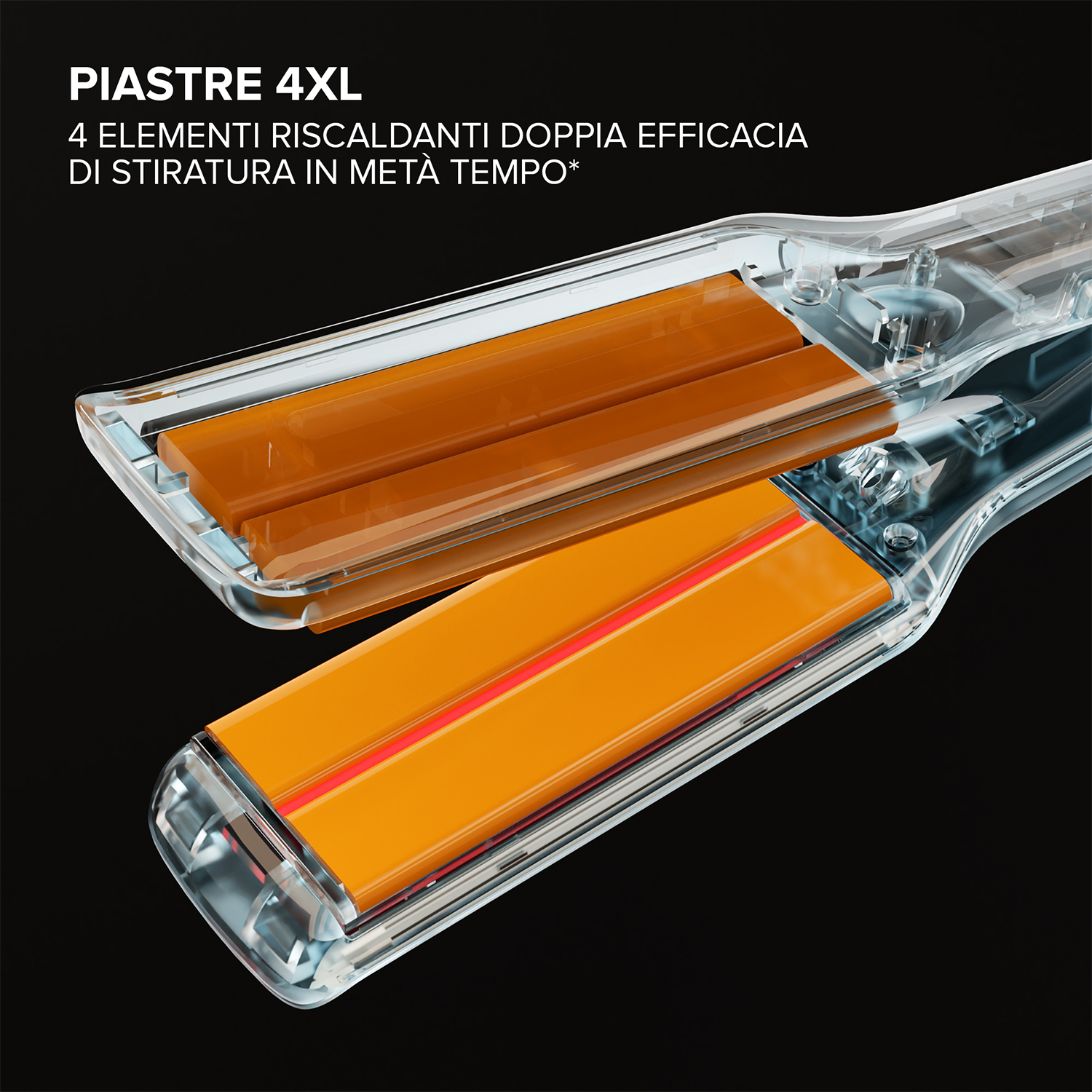 Primo piano di una piastra per capelli con due piastre riscaldate, che mostrano gli elementi.