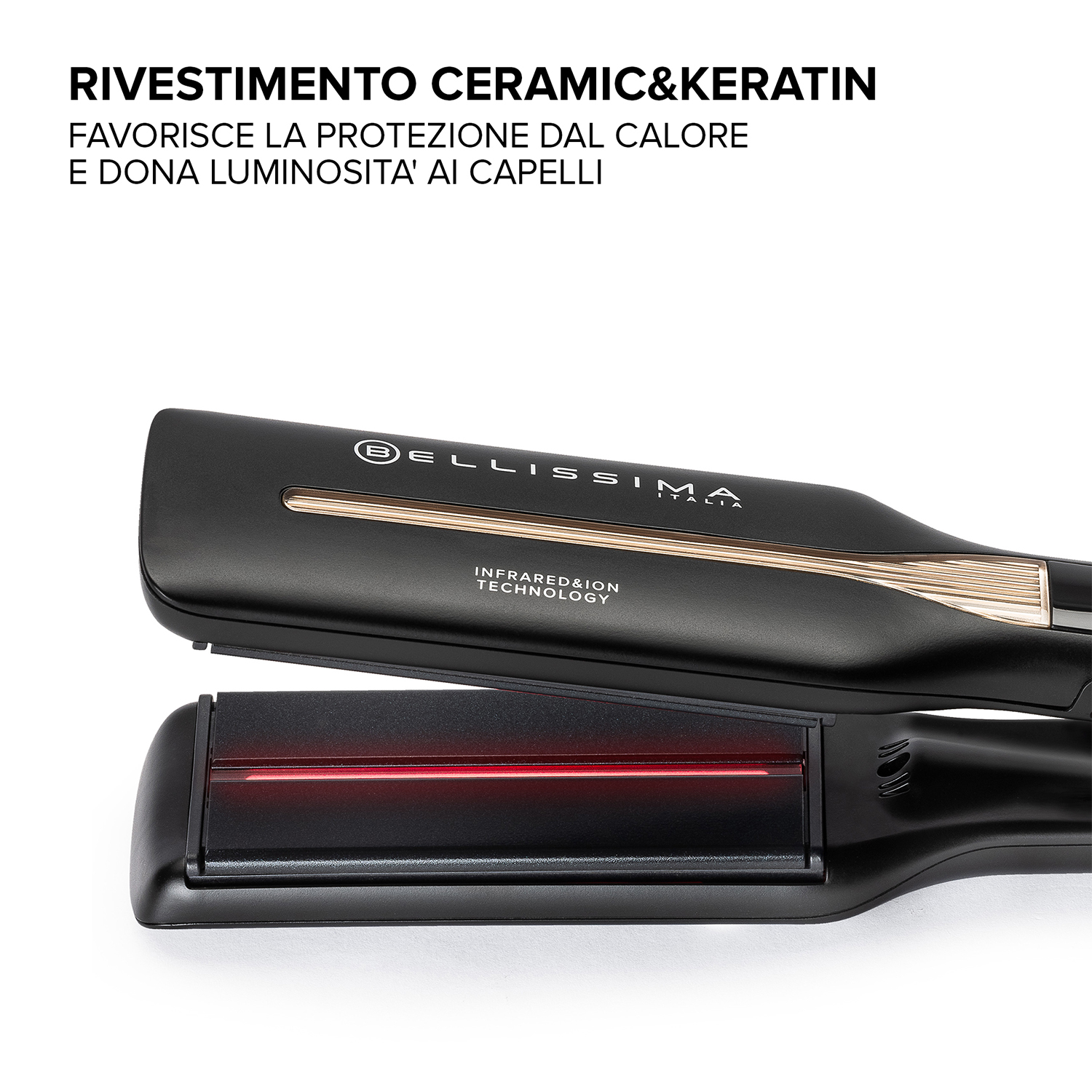 Una piastra per capelli nera con un'area rossa brillante e dettagli dorati. Testo: Rivestimento ceramica e cheratina.