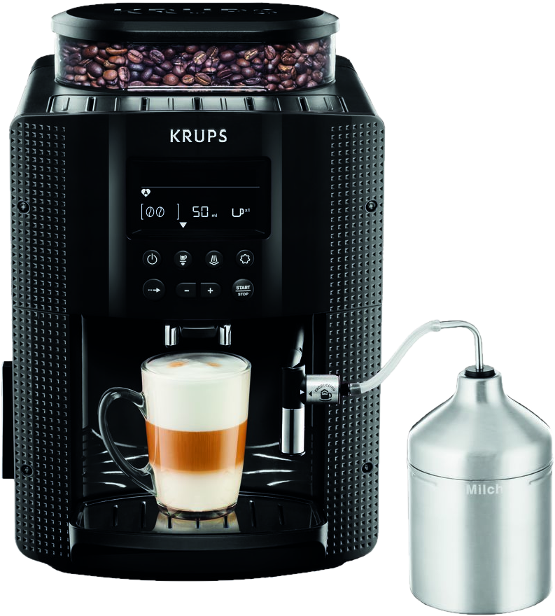 Machine à café Krups noire avec un verre transparent de latte macchiato. Grains de café en haut. Récipient à lait argenté.