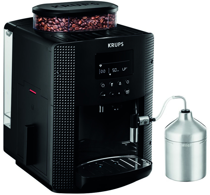 Machine à café Krups noire avec récipient à grains et mousseur à lait.