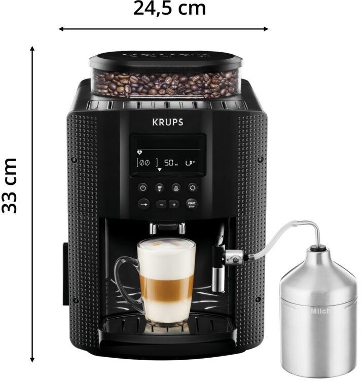 Une machine à café Krups noire avec une tasse de latte macchiato.
