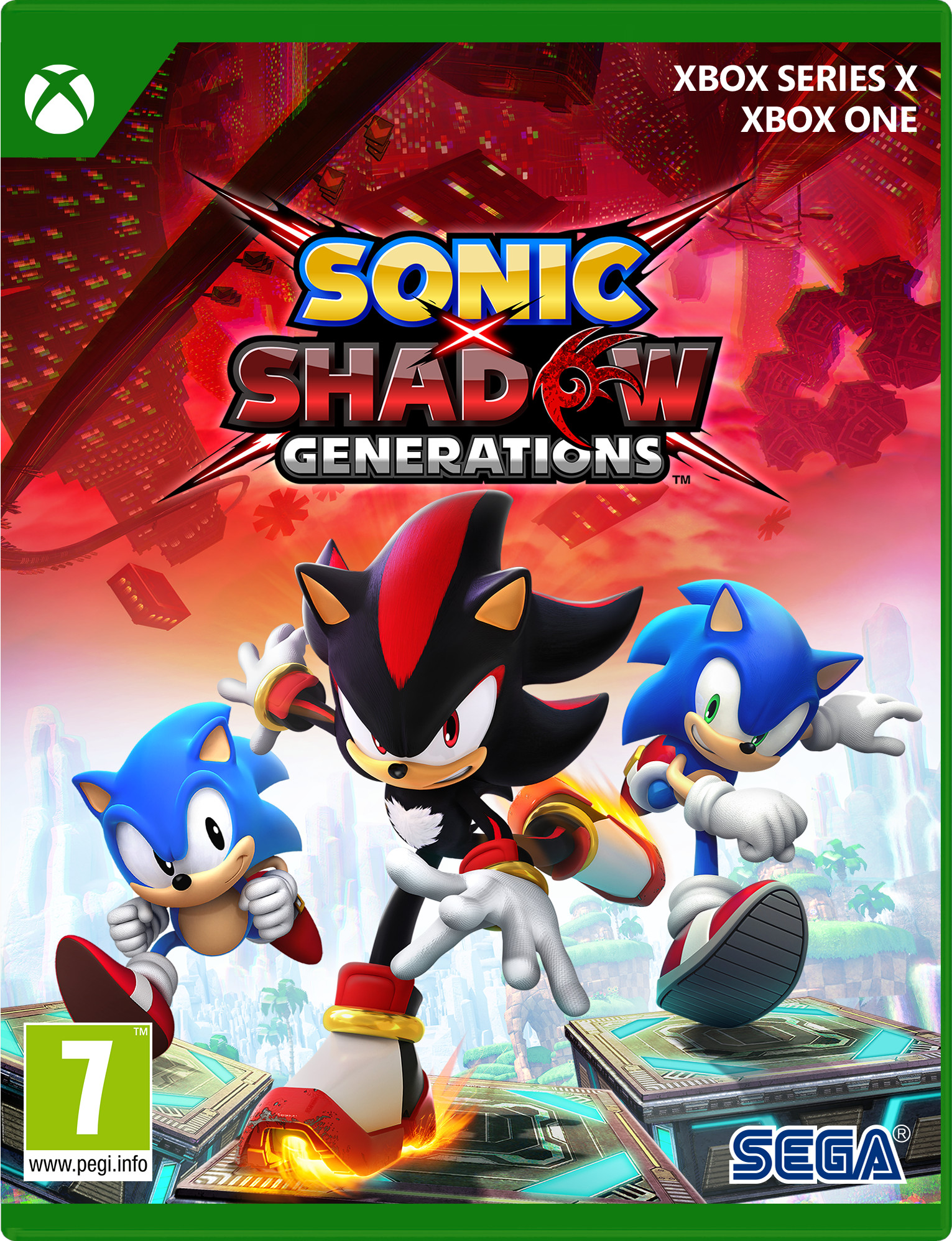 Okładka gry Sonic z Soniciem, Shadowem i inną postacią Sonic. Jest na czerwonym tle.