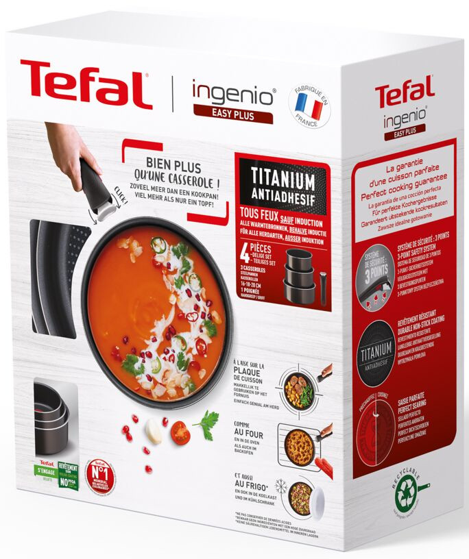 Tefal Ingenio Easy Plus cookware box, showing a pot with food and a set of pans.