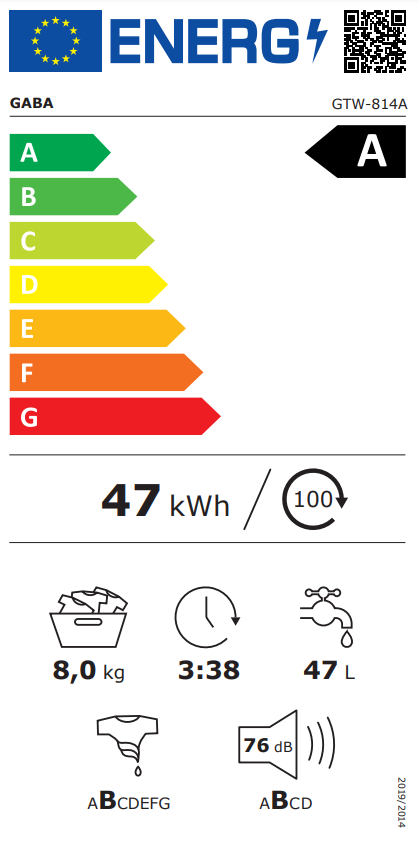 Energia címke mosógép infóval, beleértve az A besorolást, és a fogyasztási adatokat.