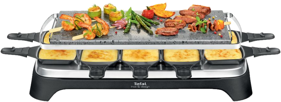 Raclette grill met diverse gerechten: spiesjes, asperges en vlees. Kaas smelt in kleine bakjes beneden.