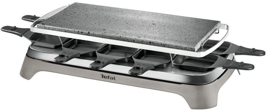 Raclette grill met een stenen bakvlak en individuele kaasbakjes.