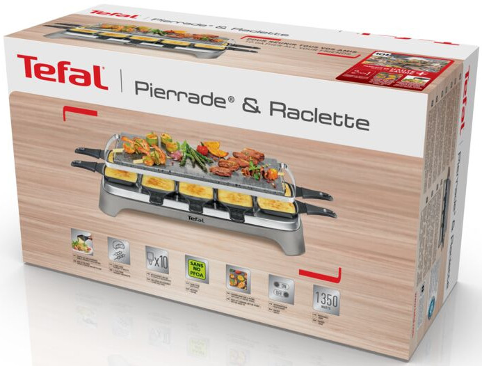 Tefal Pierrade & Raclette doos. Het toont een grill met eten en het logo van het merk.