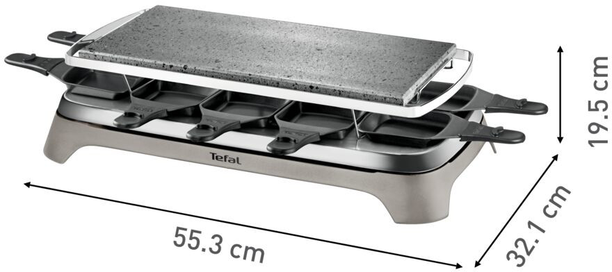 Een raclette grill met een stenen bovenkant en vier individuele kaaspan. Afmetingen zijn aangegeven.