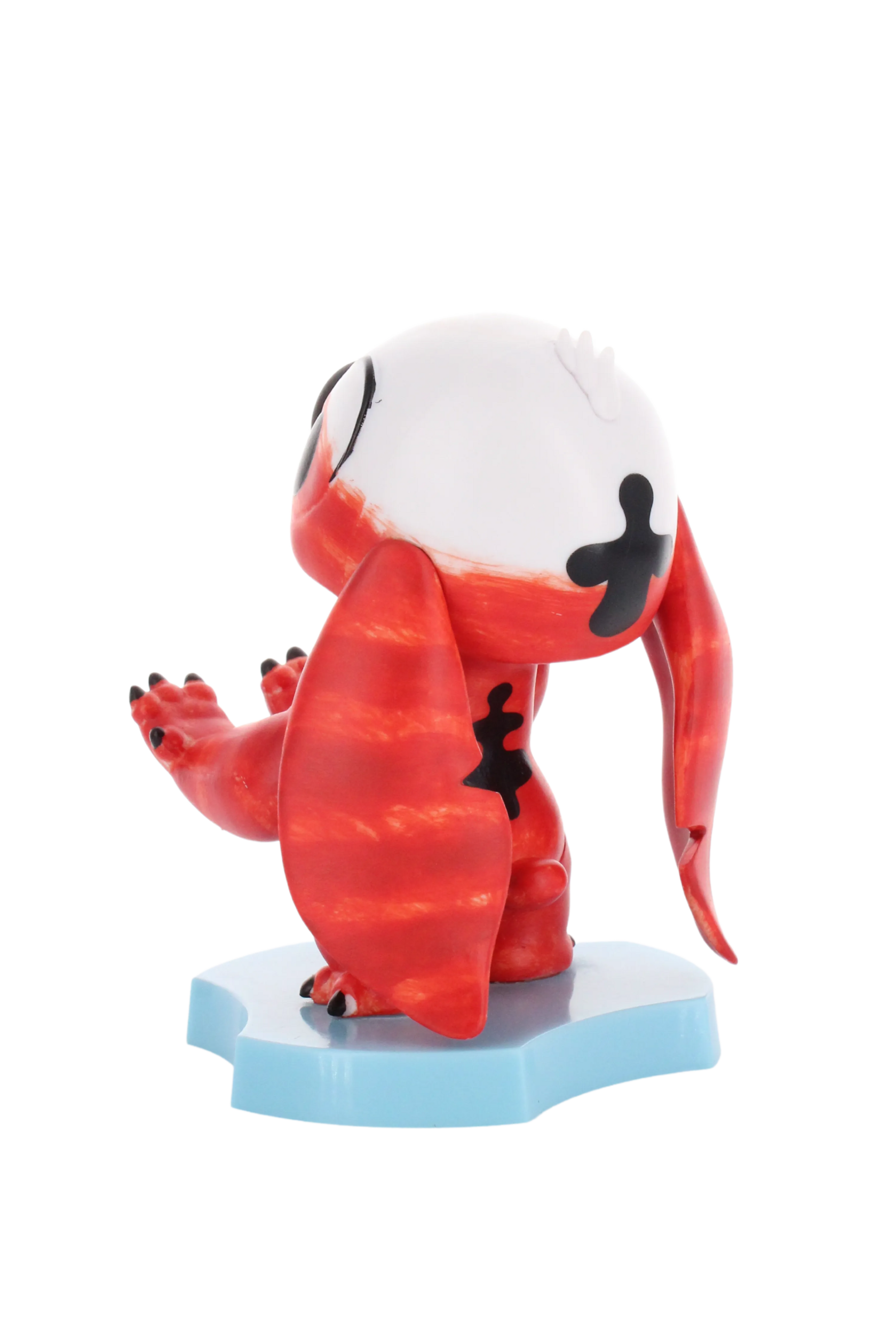 Rote und weiße Stitch-Figur auf hellblauer Plattform, Arm erhoben. Aus Lilo & Stitch.