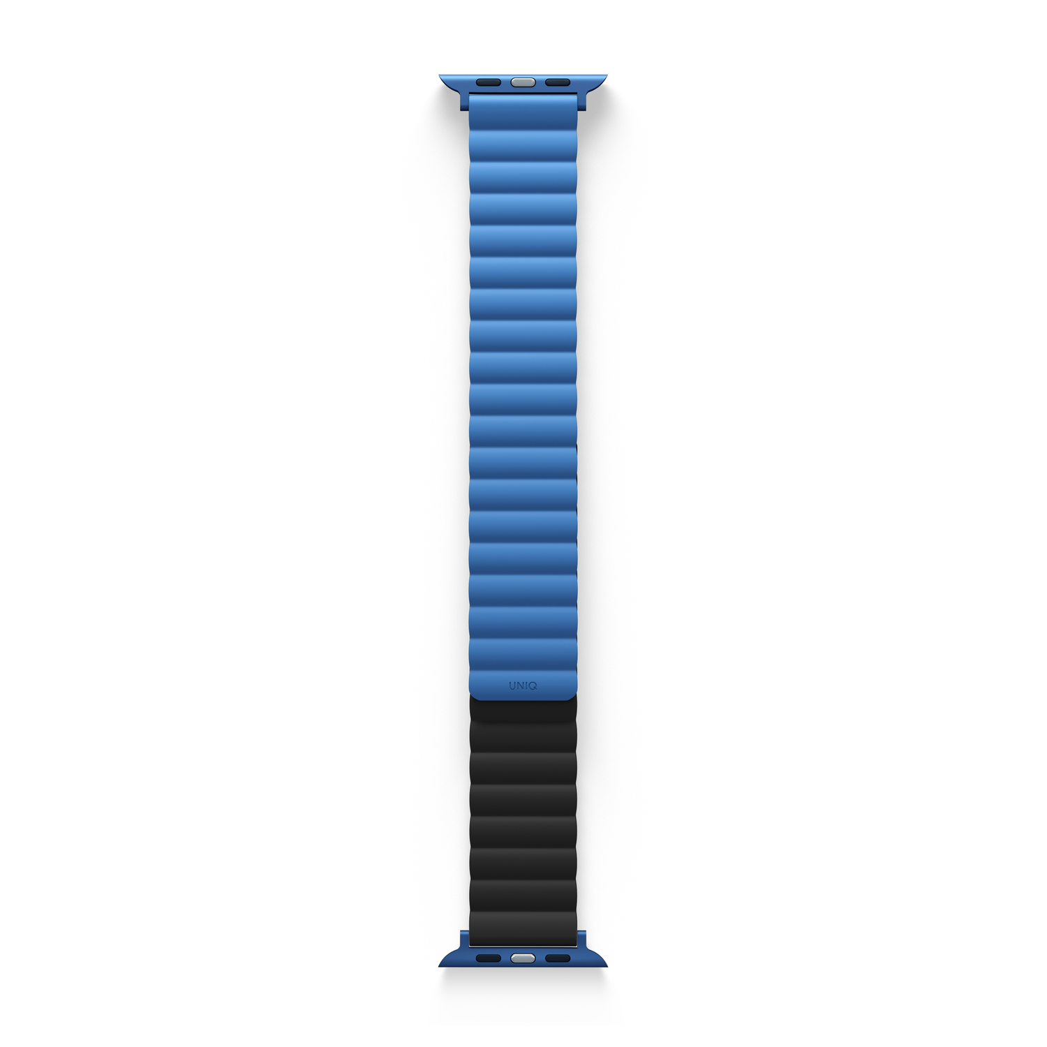 Blue UNIQ magnetic watch band, with black interior, against white background.