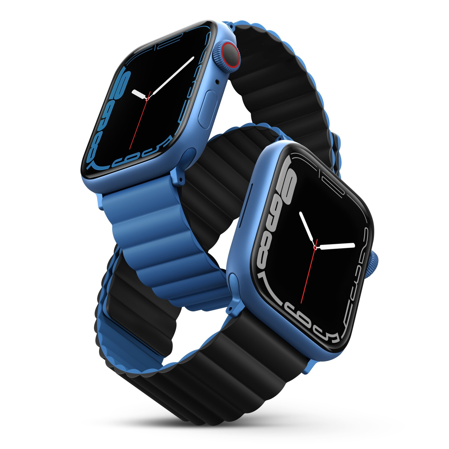 Two blue smartwatches with black bands. One is above the other, on a white background.