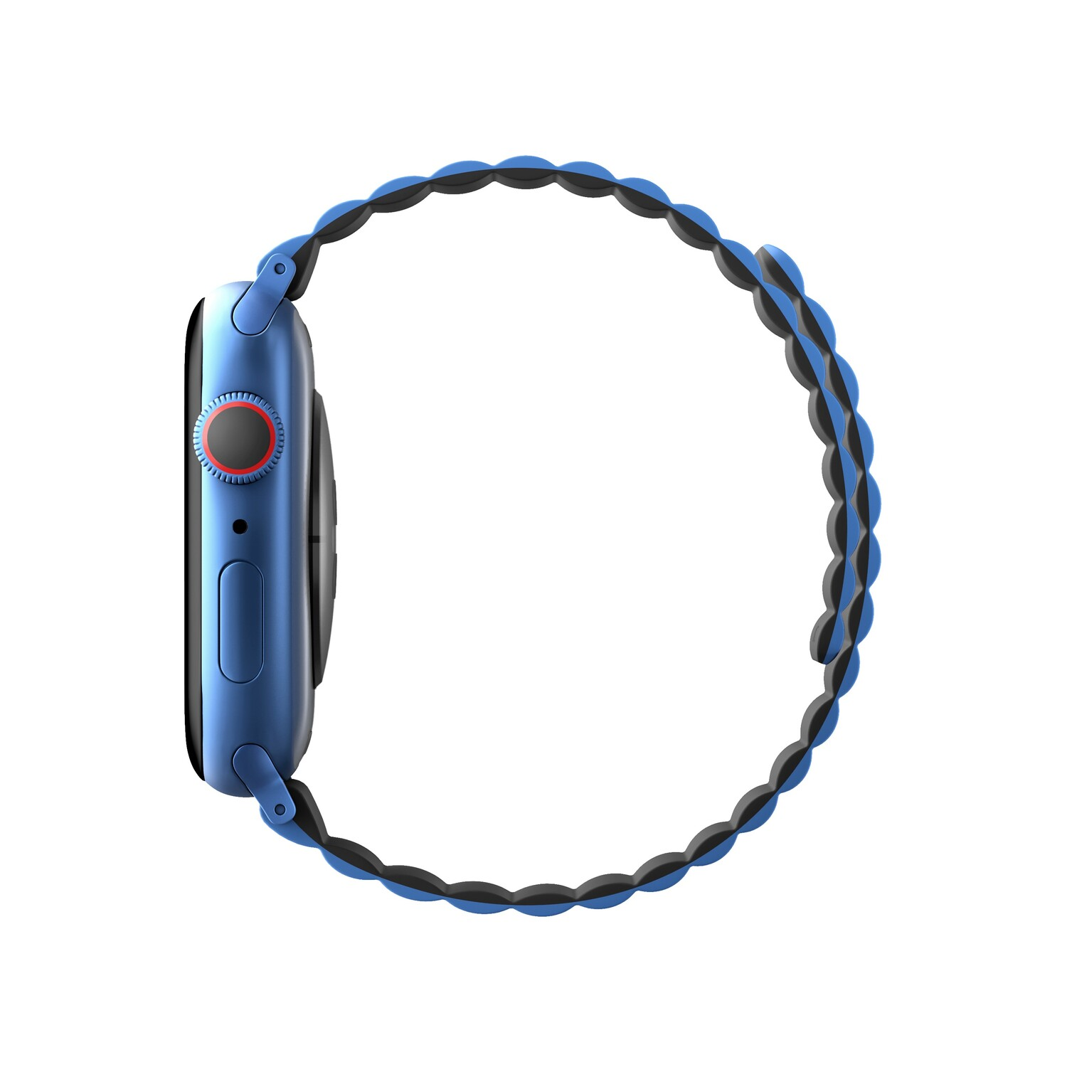 Blue Apple Watch with a blue and black strap, side view, on a white background.